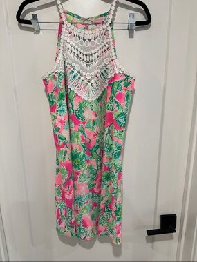 Lilly Pulitzer Pink and Green Tropical Halter Dress with White Crochet Trim